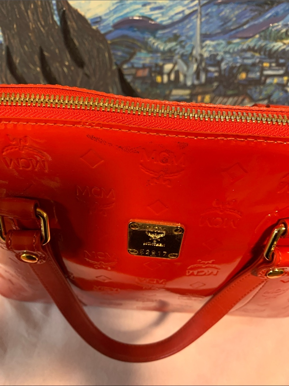 MCM Red Patent Leather Dome Tote with Gold Plaque Accent - Picture 7 of 12